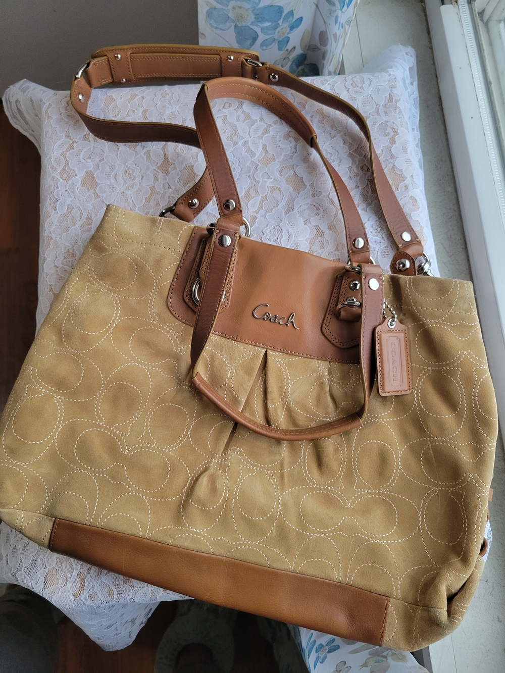Coach Ashley Tan Suede & Leather Two Way Satchel